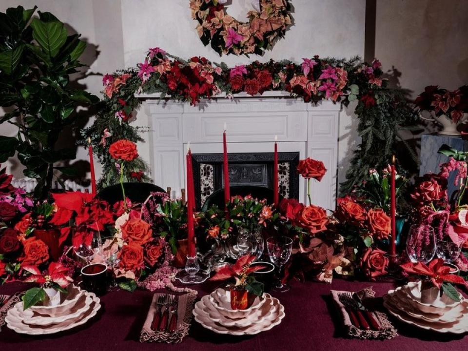 Christmas tablescape with flowers and plants